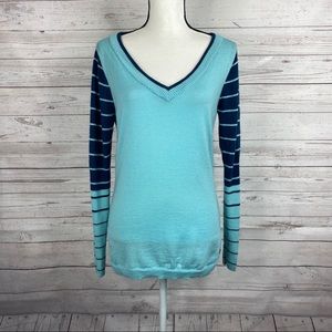Smartwool Blue V-neck Sweater Striped Sleeves